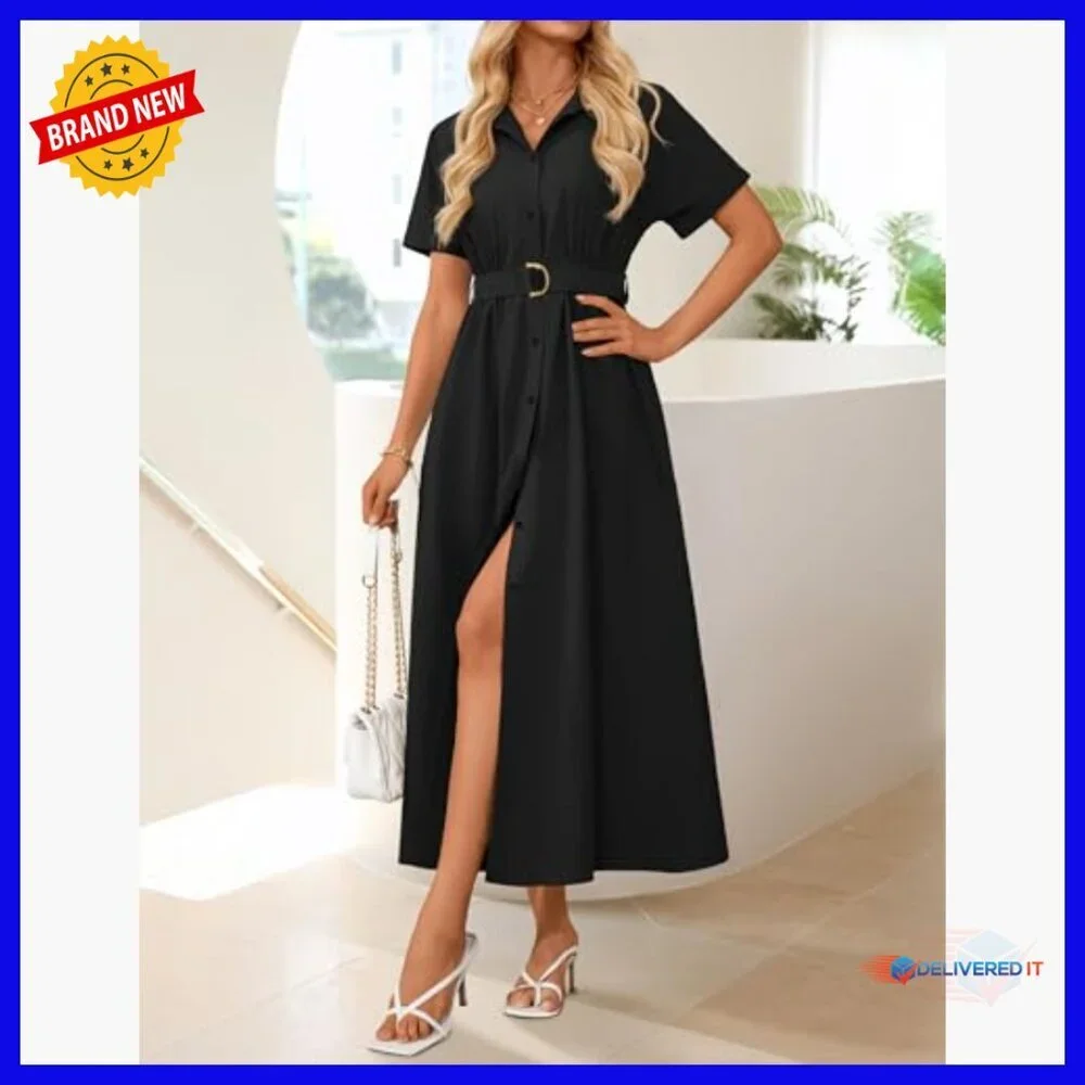 Summer Short Sleeve Midi Dress Button Down A Line Belt Work Casual